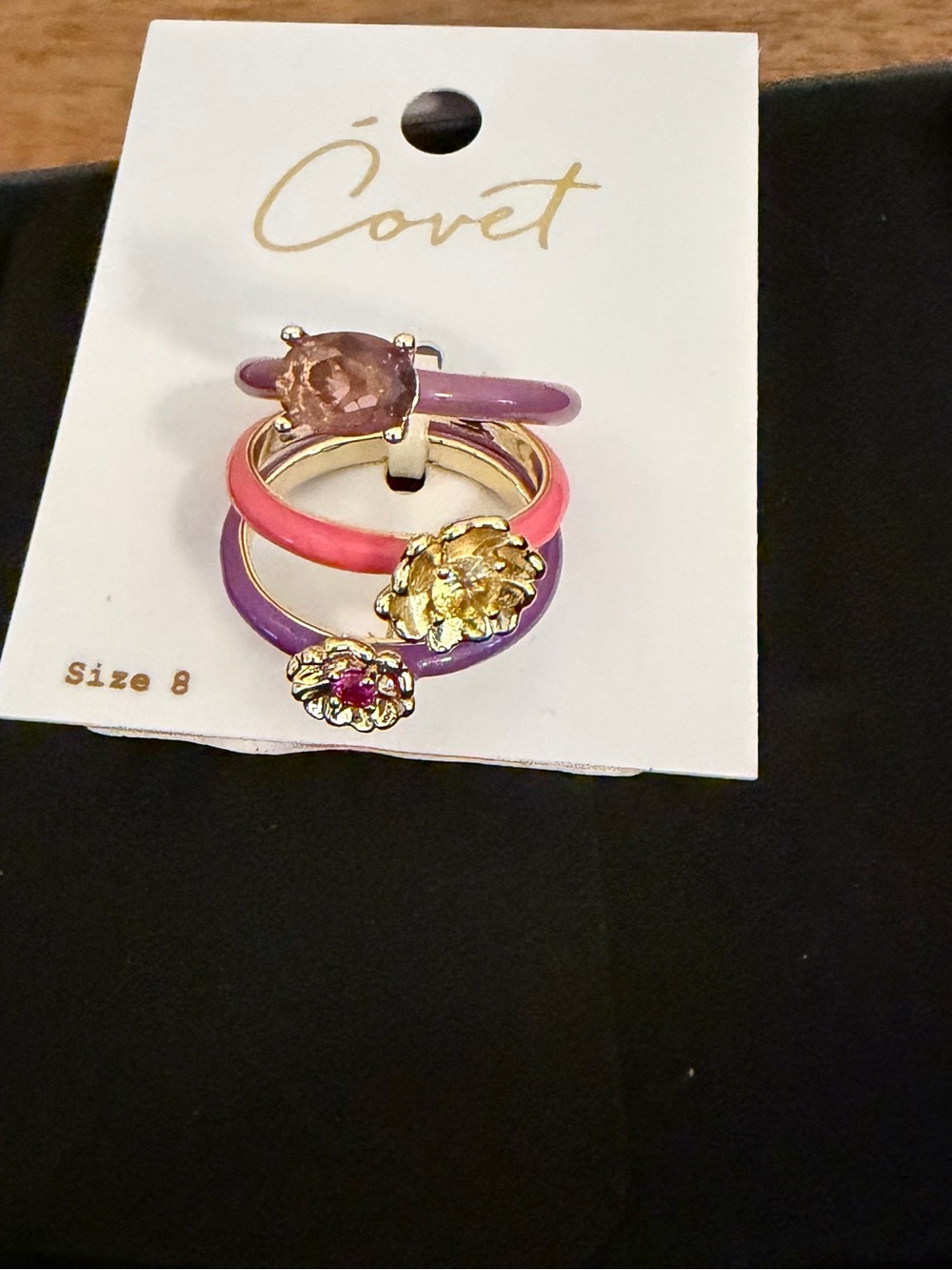 Covet Gold-Tone Stackable Ring Set of 3 in Pink & Purple Size 8 NWT